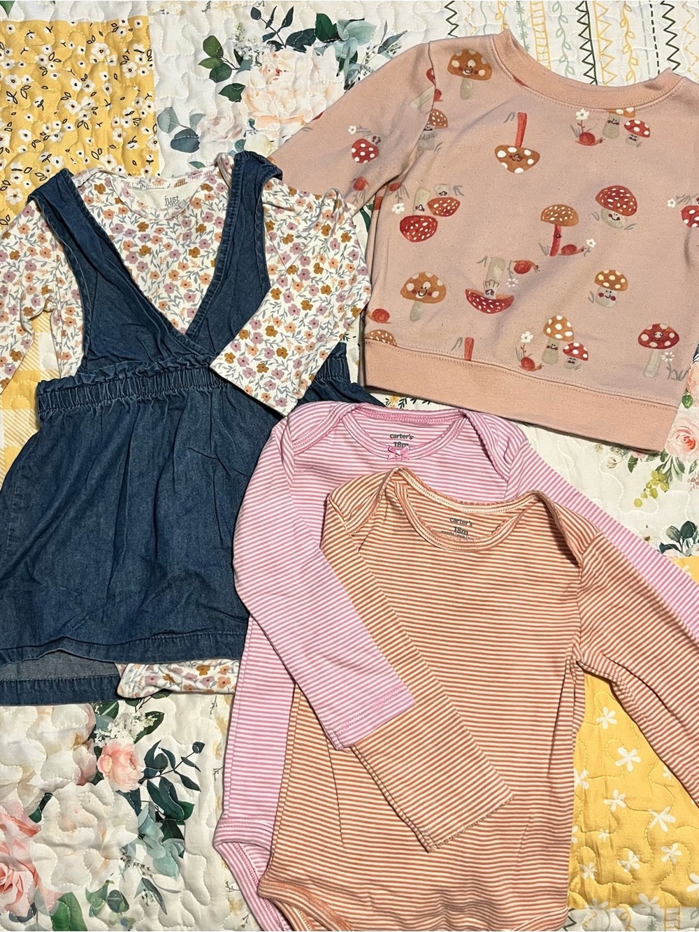 Carter's Girls Mixed Outfit Set - Pink & Orange Stripe, Floral & Mushroom Prints